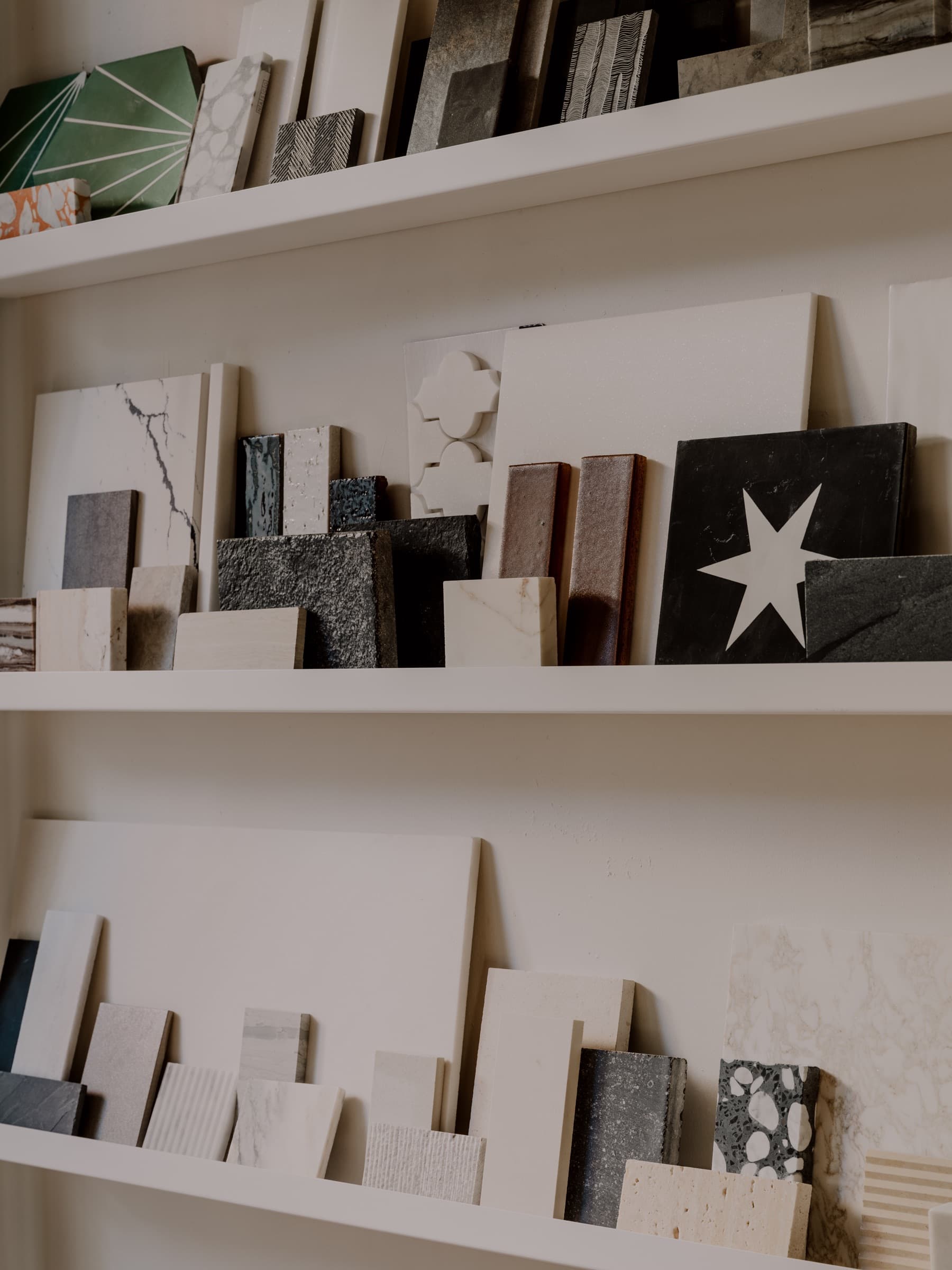 Samples and materials are treated as part of the visual language.